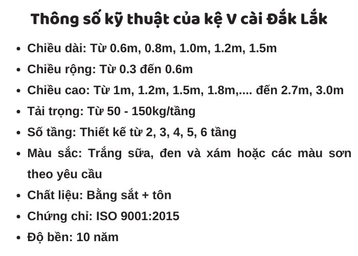 Thông số tiêu chuẩn của kệ V cài tại Đắk Lắk